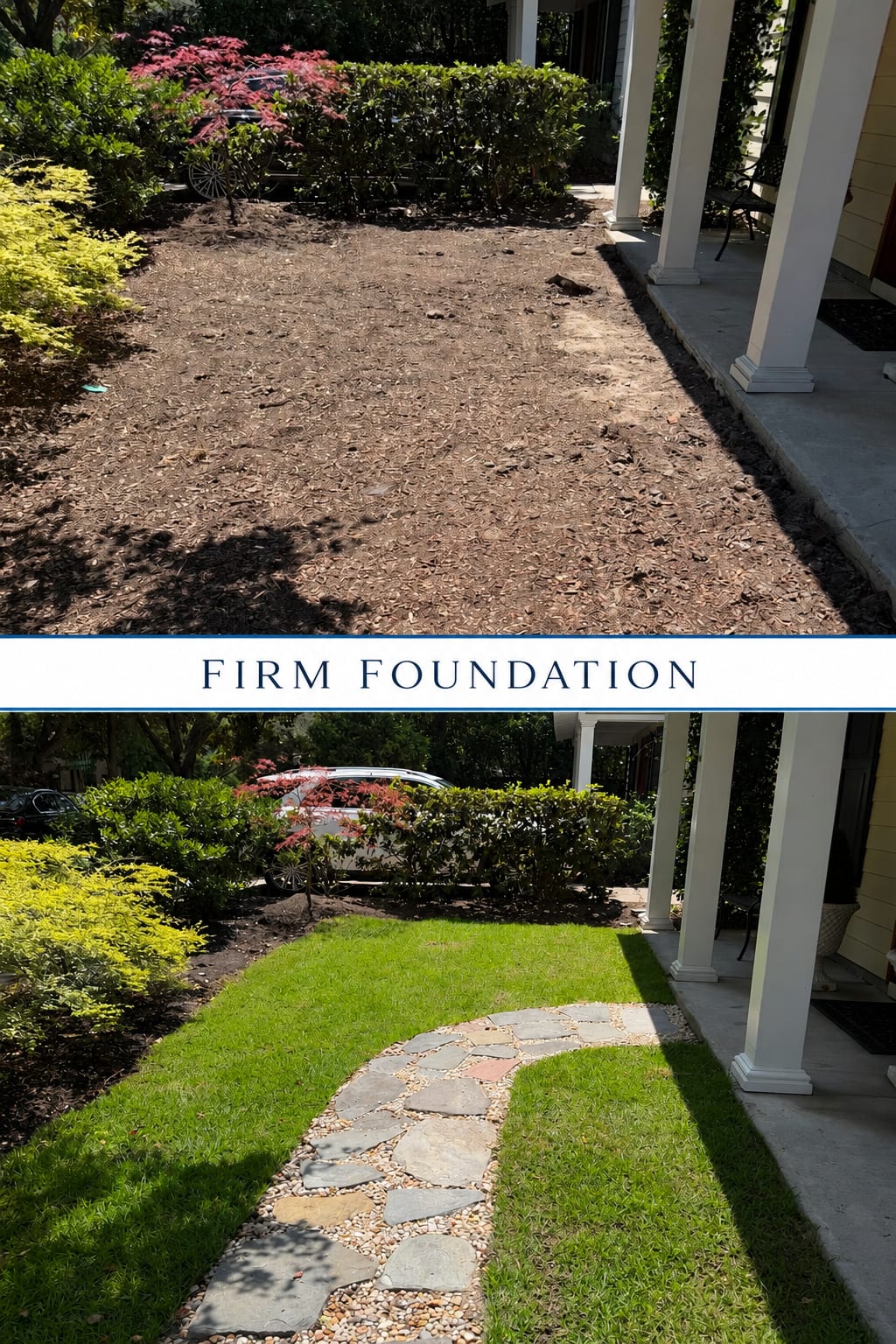 Before and after: bare mulch bed transformed into a flagstone walkway with fresh sod, Mount Pleasant SC